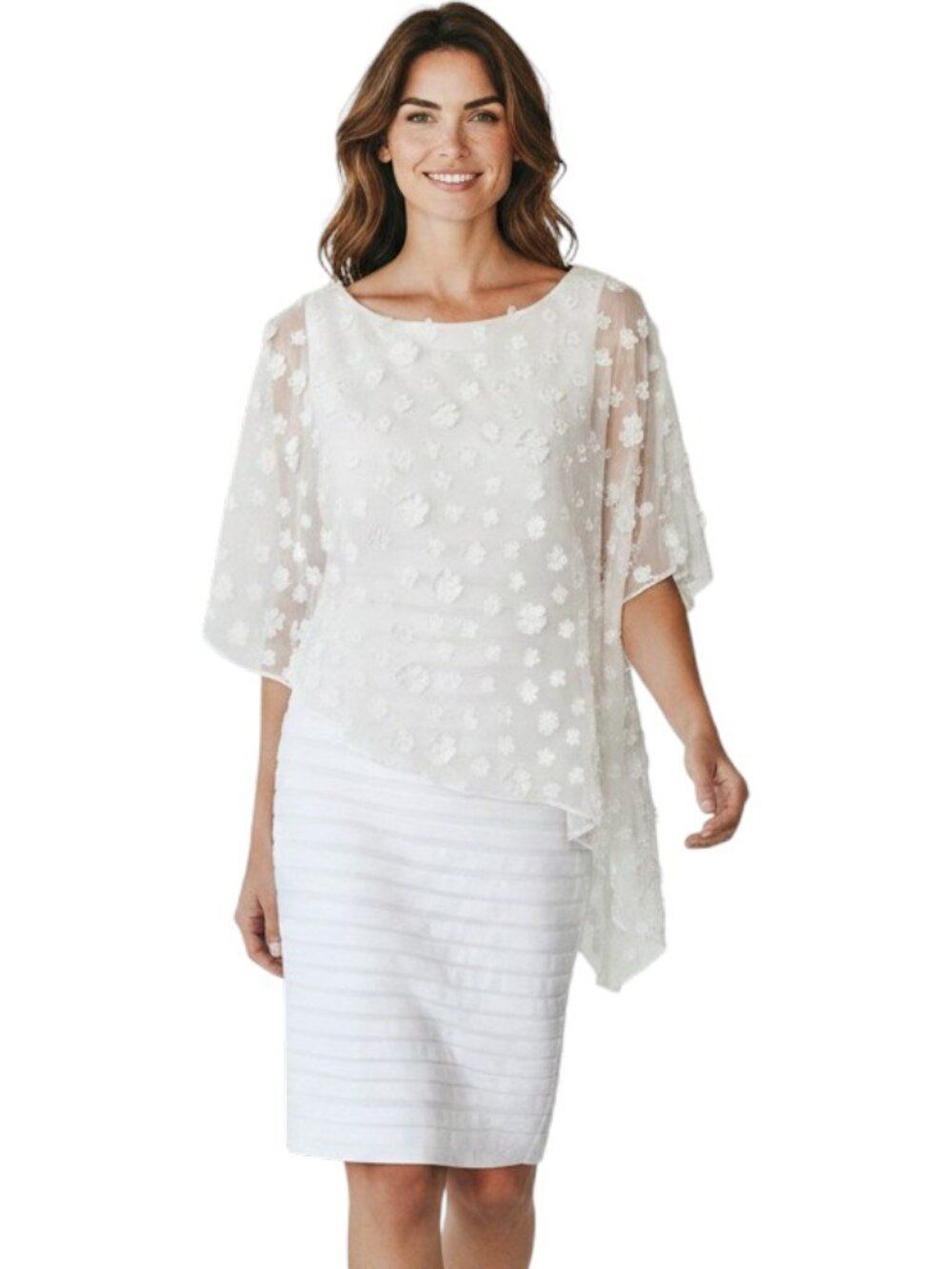 Adrianna Papell Chiffon 3D Floral Capelet Shutter Pleat Cocktail Dress White 4